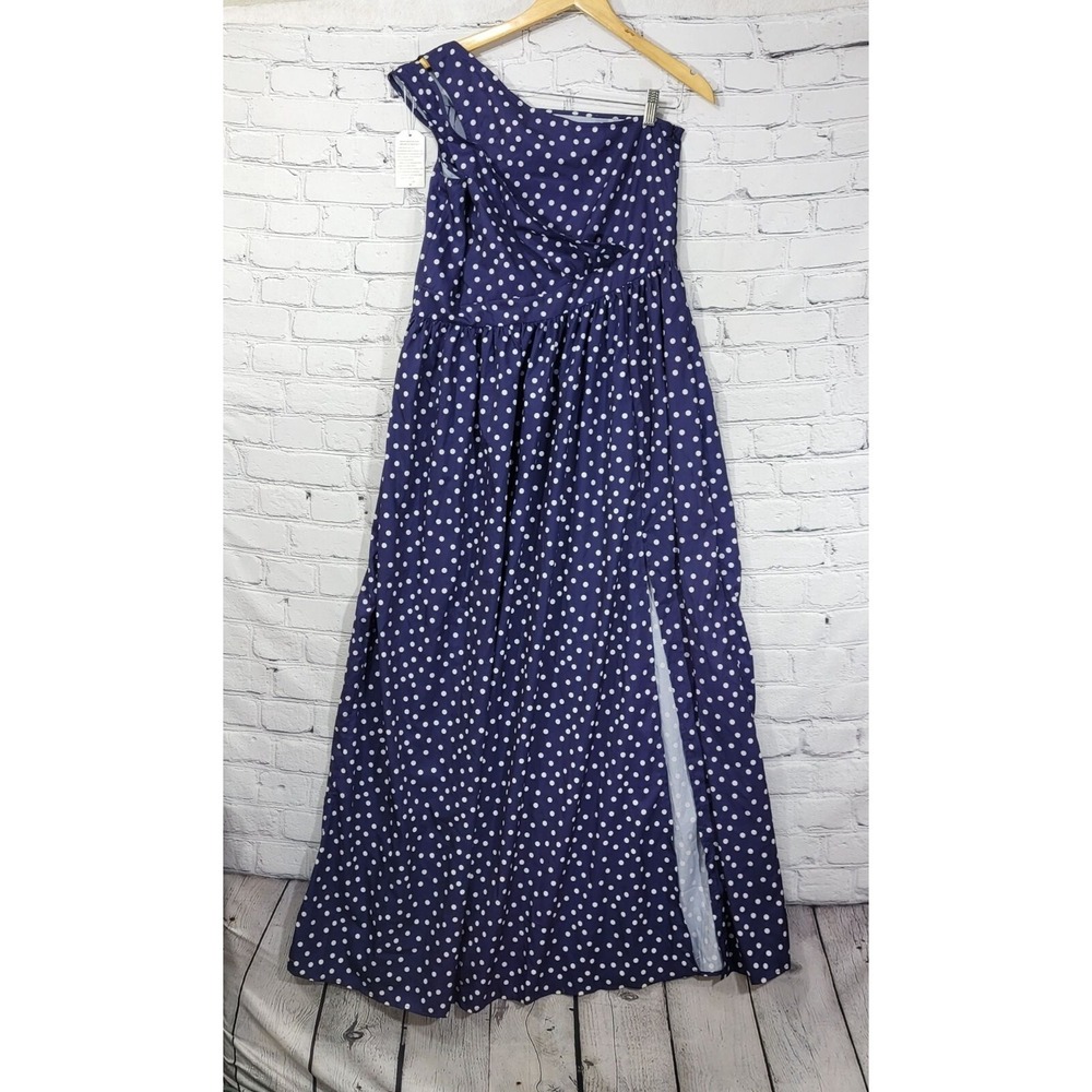 Made With Love Dress Womens XL One-Shoulderâ Navy Blue Polka Dot Maxi New NWT